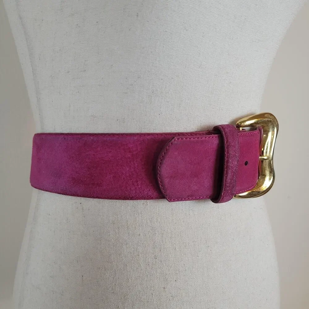 Vintage Pink Suede Leather Belt Small Wide Gold Sculptural Statement Waist 80s
